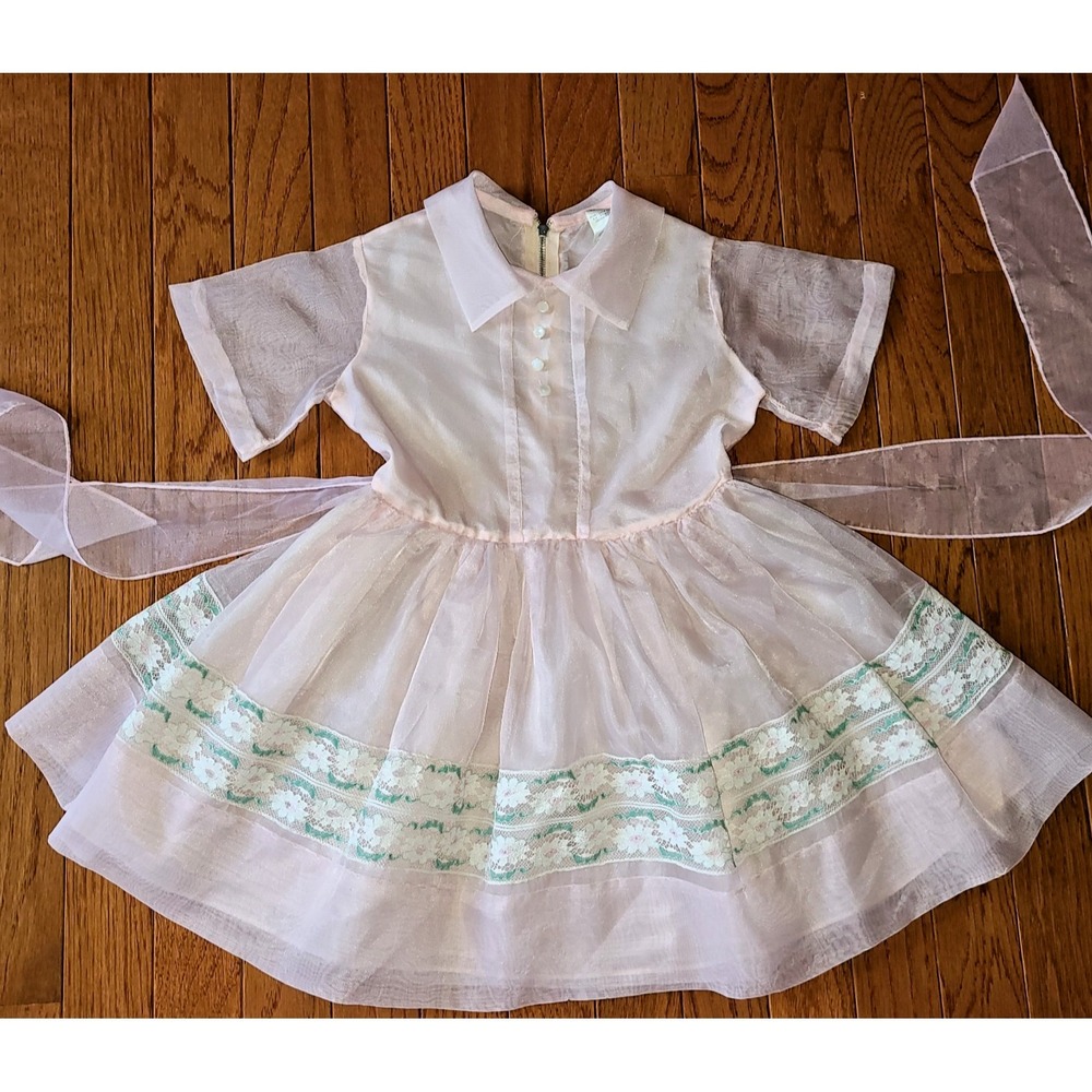 Vtg Rare 1950s Lil Bee Frockette Girls Pink Lining Lace Sheer Belted Dress Sz 5